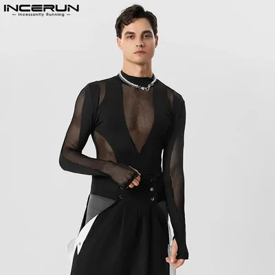 Männer Bodys Mesh Patchwork Transparent Rollkragen Langarm Strampler Männer T Shirt 2024 Sexy Fitness Party Bodys INCERUN Image