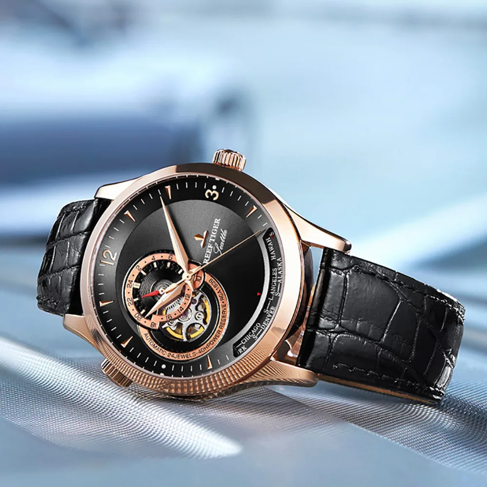 Riff Tiger/RT Top Marke Casual Automatische Uhr für Männer Mechanische Lederband Rose Gold Zifferblatt Schwarz Uhr RGA1693