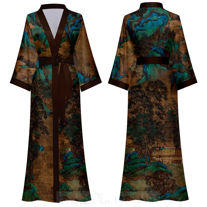 Frühling Sommer Weibliche Lange Robe Nachtwäsche Druck Kimono Bademantel Kleid Halbe Hülse Nachthemd Lose Satin Hause Kleid Lounge Tragen Image