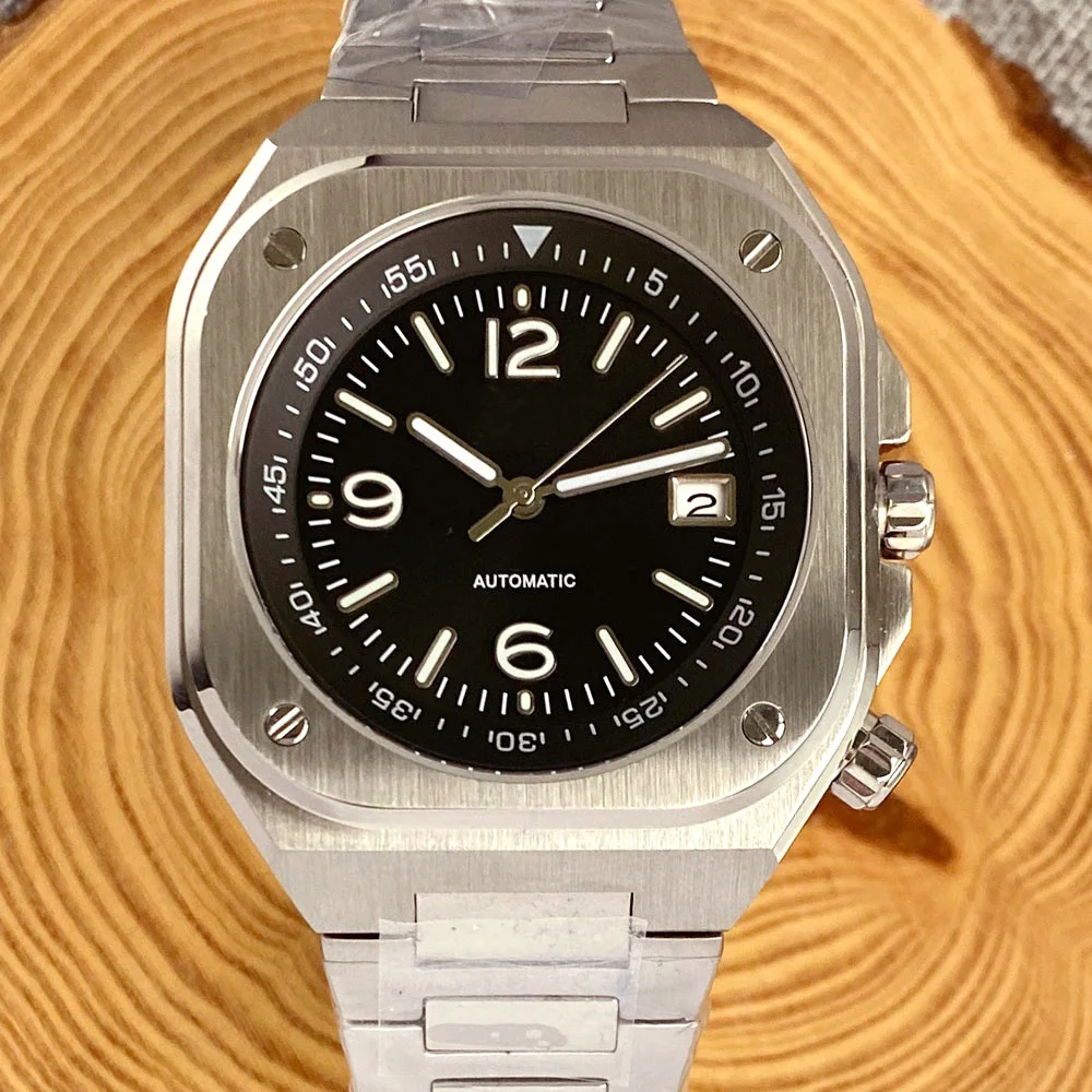 AR-Saphirglas, 42 mm, quadratisch, Stahl, mechanische Herrenuhr, S NH35AA Movt, 150 m wasserdicht, Eleganz, Taucheruhren, schwarzes/eisblaues Zifferblatt Image