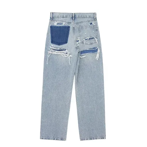 Damenmode Jeans feste Farbe lose Hosen Farbverlauf Farbe lässig Streetwear Hose gebrochene Löcher