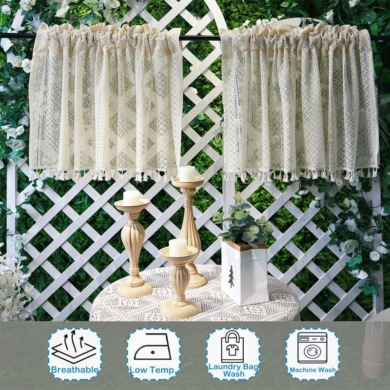 Transparente Fenstervorhänge, Vintage-Quasten, Küche, kurzes Panel, Stangentasche, Volant, Boho, hohl, Gaze, drapiert, Voile, transparenter Vorhang Image