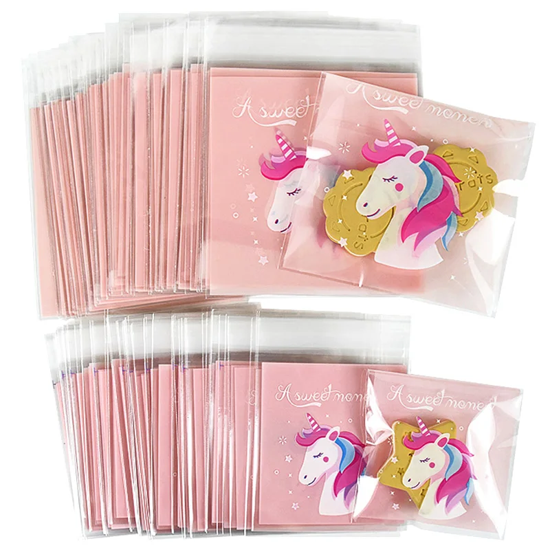 100 Stück rosa Einhorn-Süßigkeitstüte zum Backen von Keksen, Geschenke, Verpackung, selbstdichtende Plastiktüten für Einhorn, Geburtstag, Hochzeit, Party, Dekoration Image