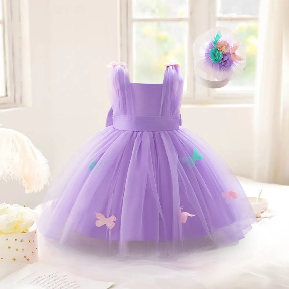 2 stücke Mädchen lila Schmetterling Tüll Party Kleider Baby Prinzessin Kleid Mädchen ärmellose Tutu Kleid Kleinkind 1. Geburtstag formelle Kleidung Image