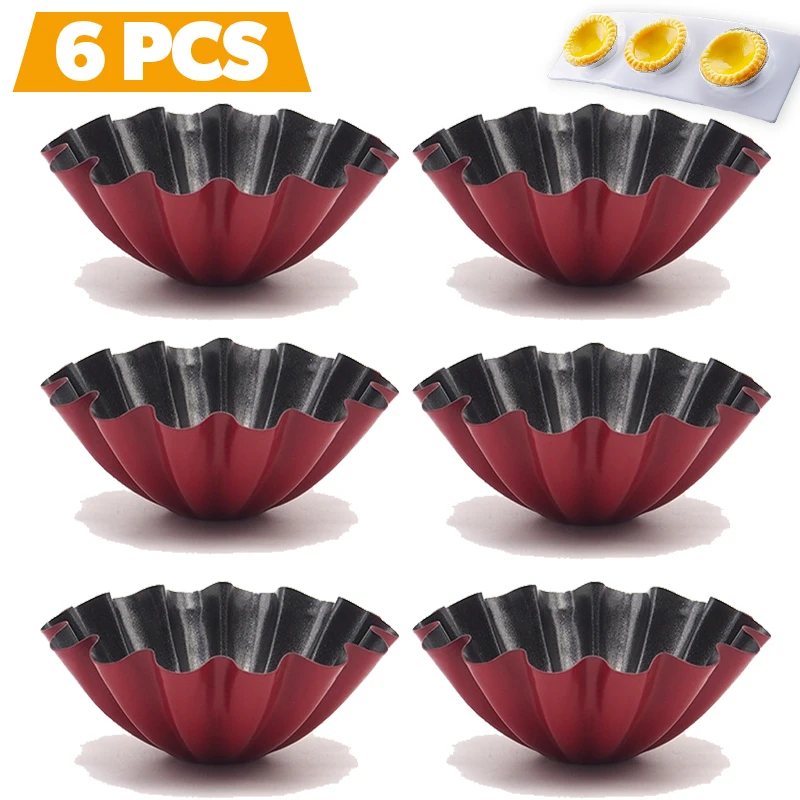 6Pcs Carbon Stahl Ei Torte Formen Mini Torte Pie Pan Geriffelte Design Cupcake Backform Nicht-Stick Quiche Flan pan Muffin Backen Cup Image