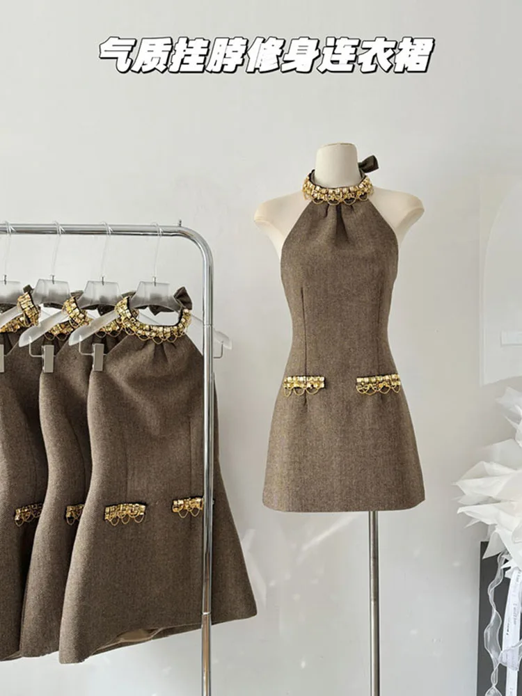 Formelle Gelegenheit A-Linie Kleid Frauen sexy einteilige Kleider Diamanten Pailletten Party Luxus Kamel Ballkleid Gyaru Coquette neues Design Image