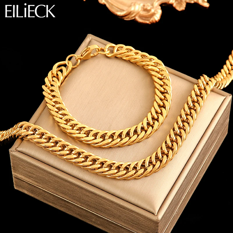 Eilieck 316l Edelstahl dicke Kette Halskette Armband Set für Frauen Männer neue Punk Gold Farbe wasserdichten Schmuck Geschenk Kragen Image