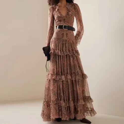 Damenmode Volant Plissee Party kleid elegante französische Stil Blumen lange Kleider Vintage Boho