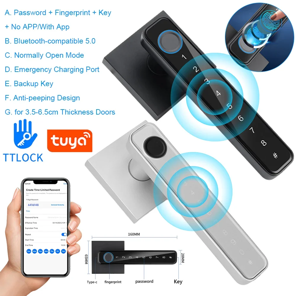 Biometrischer Finger abdruck Smart Home Türschloss Passwort elektronisches digitales Schloss Tuya/Ttlock/keine App-Steuerung Eingangstür knöpfe Schloss Image
