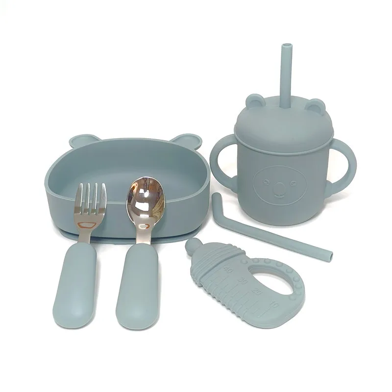 Kinder geschirr ergänzende Schüssel Saugnapf Schüssel Silikon Essteller Edelstahl Gabel und Löffel sturzs ichere Lasche Image