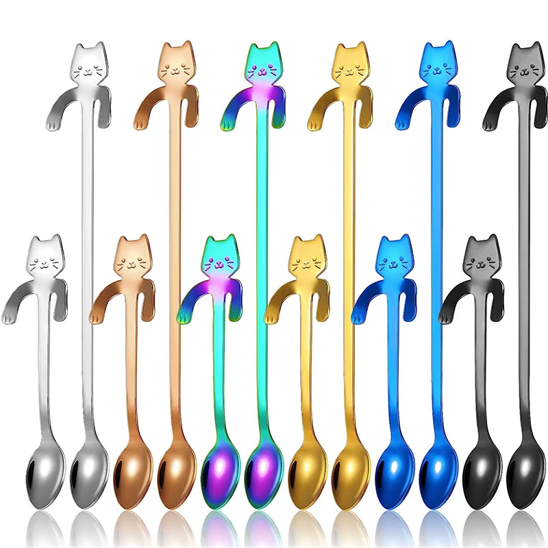 Lmetjma 12pcs Katzen löffel Kaffee Teelöffel Set Edelstahl hängende Tasse Teelöffel Mini lange süße Kätzchen Rühr löffel jt167 Image