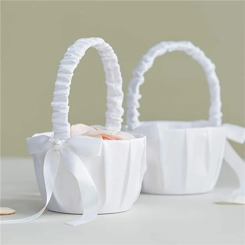 20 cm weißer Blumenkorb für Mädchen, Hochzeitskorb aus Seide für Blumenbraut, Mädchen, Kinder, handgehaltene Hochzeitszeremonie, Partydekorationen Image