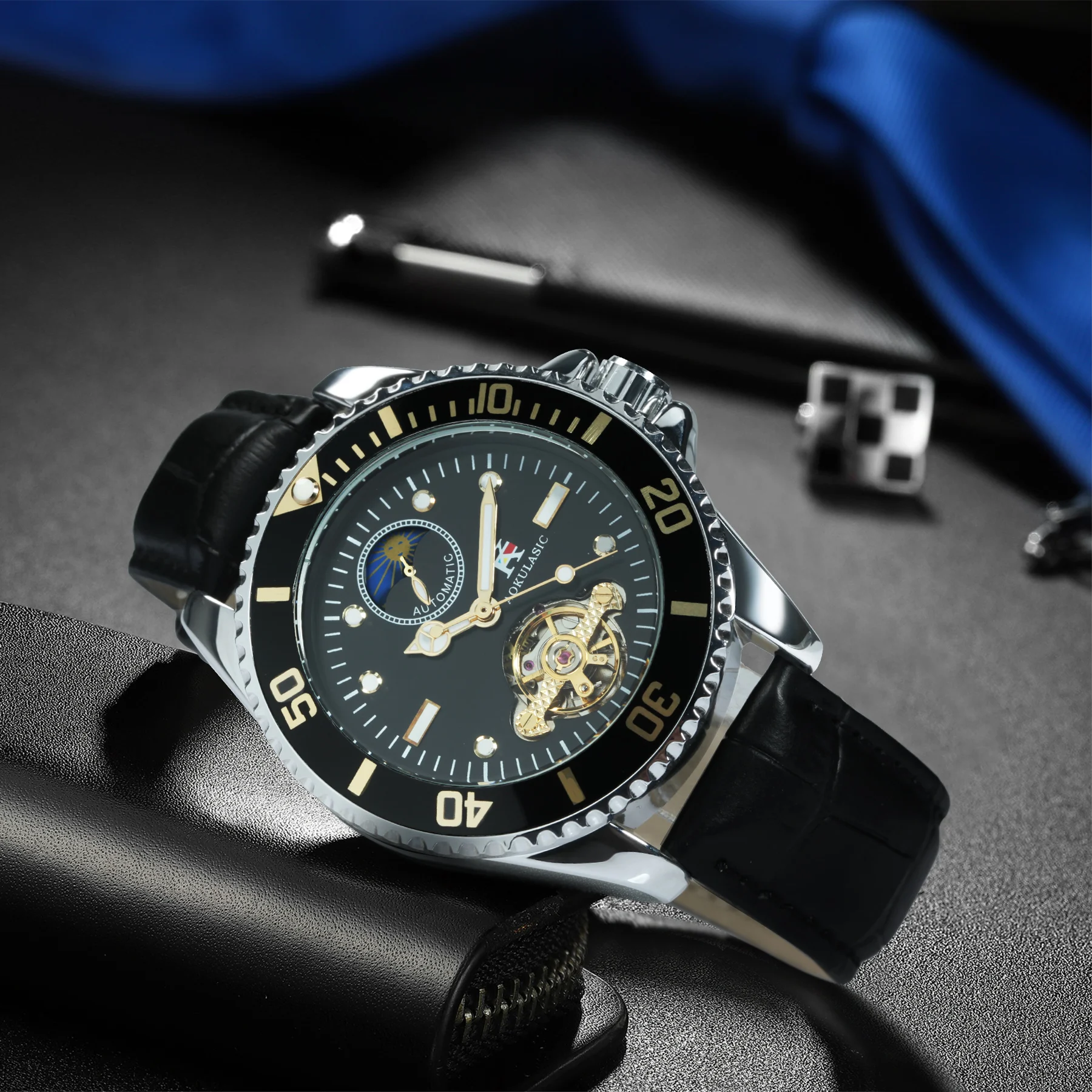 Aokulasic klassische Business-Uhr für Männer Tourbillon Mondphase Skelett automatische mechanische Uhren rotierende Lünette Ledergürtel Image