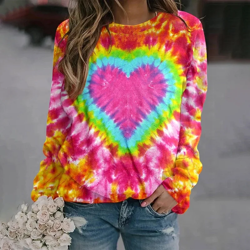 Fashion Colorful Hoodies Tie Dye Heart 3D Print Long Sleeve Sweatshirt Women Y2k Hoodie Streetwear Pullovers Tops Woman Clothing