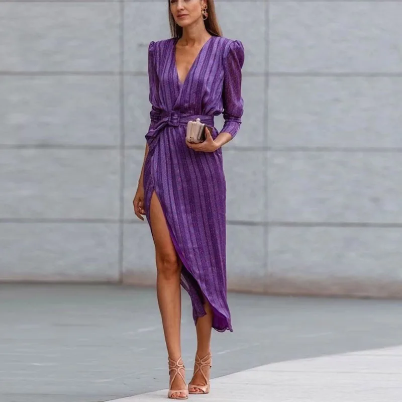 Elegante abito da festa con cintura con lacci e scollo a V Abito da donna con stampa a righe primaverili Abito irregolare diviso Abito da donna da ufficio a maniche lunghe autunnale