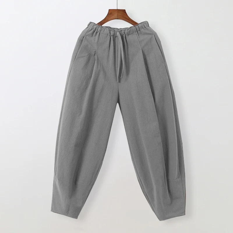 Pantaloni a gamba larga in cotone da uomo autunno pantaloni da jogging oversize in tinta unita uomo elastico in vita Streetwear pantaloni di lino Hanfu