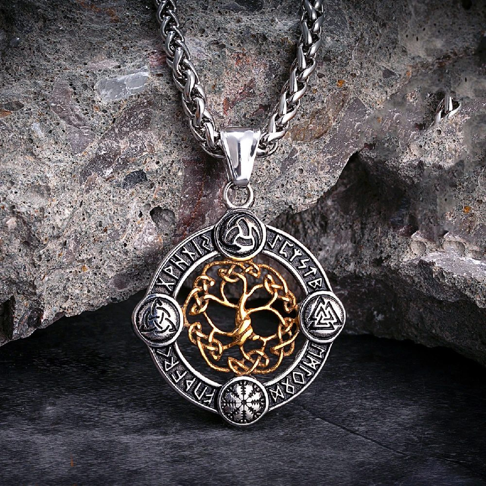 Non sbiadisce mai Collana con albero della vita con runa norrena da uomo Ciondolo in acciaio inossidabile color oro Valknut Trinity Amuleto fortunato maschile Gioielli vichinghi