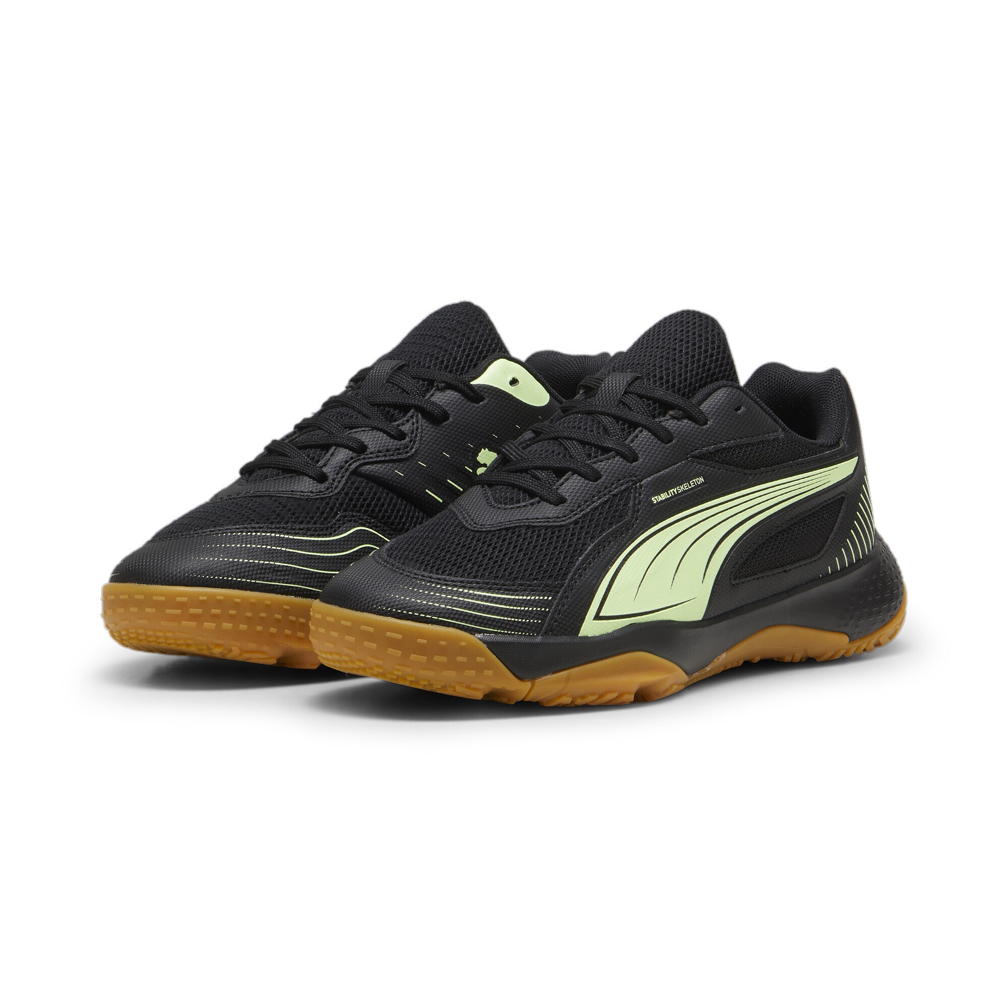 Sneaker PUMA "Solarflash III Hallensportschuhe Jugendliche", Kinder, Gr. 36, schwarz (schwarz fizzy apple gelb), Obermaterial: Textil, Synthetik; Futter: Textil; Innensohle: Textil; Laufsohle: Gummi, Schuhe Sneaker
