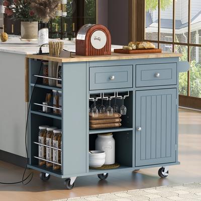 Open Rolling Kitchen Island on Wheels with Drop Leaf and Power Outlet