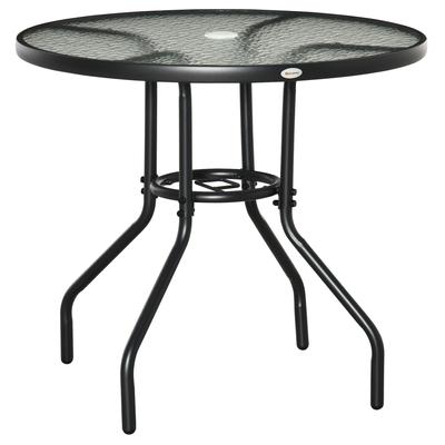 Gartentisch mit Sonnenschirmhalter aus Stahl, Hartglas, schwarz