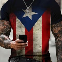 Puerto Rico Flag Printed Crew Neck Short Sleeve T-shirt For Men, Casual Summer T-shirt For Daily Wear And Vacation Resorts