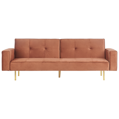3-Sitzer Sofa Goldbraun Samt Gesteppt mit Schlaffunktion Goldene Hohe Metallbeine Breite Armlehnen Modern Wohnzimmer Ausstattung Schlafsofa