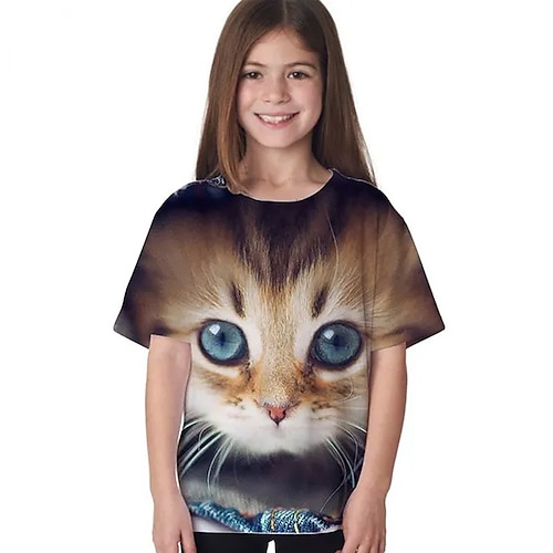 kinderkleidung Mädchen T-Shirt Tier Casual Kurzarm Rundhalsausschnitt Kuschelig 7-13 Jahre Sommer Schwarz Weiß Marineblau Image