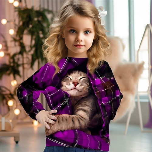 Mädchen 3D Plaid Katze Weihnachts-Sweatshirt Pullover Langarm 3D-Druck Herbst Winter Modisch Strassenmode bezaubernd kinderkleidung 3-12 Jahre 4-13 Jahre Rundhalsausschnitt Outdoor Casual Täglich Image