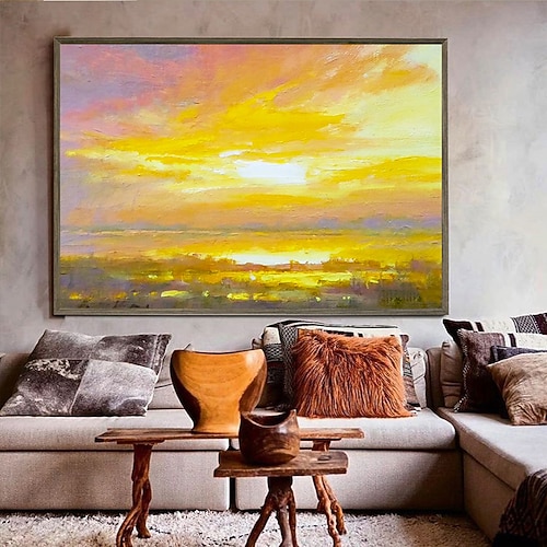 Handgefertigtes Ölgemälde auf Leinwand, Wandkunst, Dekoration, moderne abstrakte Meer-Sonnenaufgang-Landschaft für Wohnkultur, gerolltes, rahmenloses, ungedehntes Gemälde Image