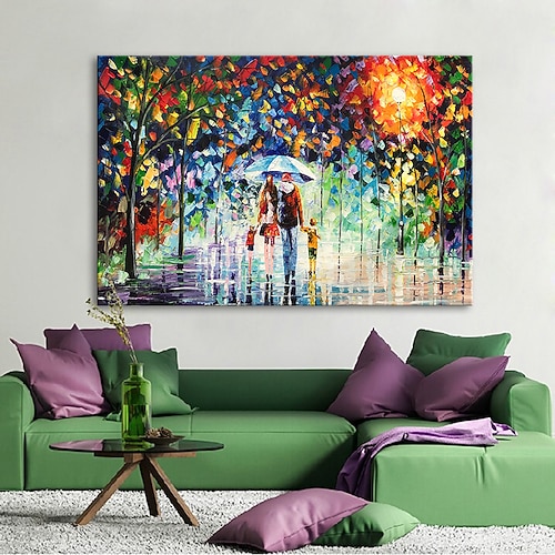 Ölgemälde, 100 % handgefertigt, handgemalte Wandkunst auf Leinwand, eine vierköpfige Familie hält einen Regenschirm, abstrakte Landschaft, Vintage, traditionelle Heimdekoration, gerollte Leinwand, Image