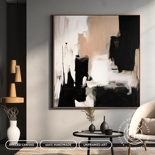 Handgefertigtes, handgemaltes Ölgemälde, Wandlandschaftskunst, abstraktes Gemälde, blauer Sonnenuntergang, große Wandkunst, orange Linienmalerei auf Leinwand für Wohnzimmerdekoration Image