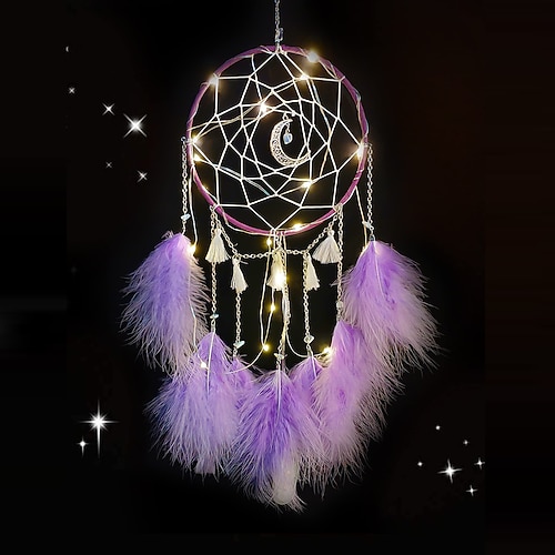1 Stück Traumfänger, handgefertigtes Geschenk, Federhaken, Mondmuster, Windspiel mit einem Kreis, Ornament, Wandbehang, Dekor, Kunst, Boho-Stil, ohne Licht Image
