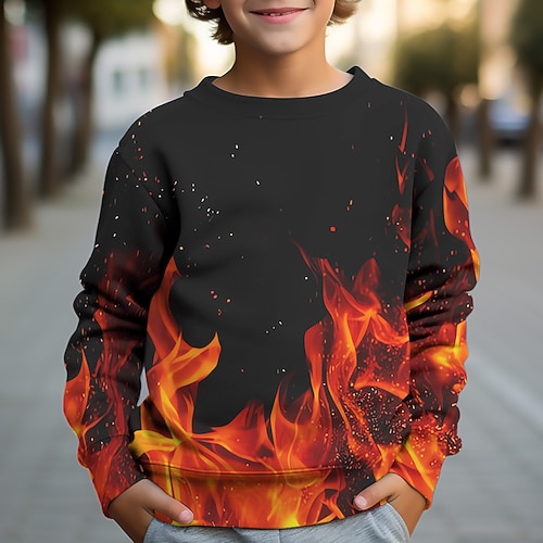 Jungen 3D Feuer Sweatshirt Pullover Langarm 3D-Druck Herbst Winter Mode Streetwear Cool Kinder 3-12 Jahre Outdoor Lässig Täglich Normale Passform Image