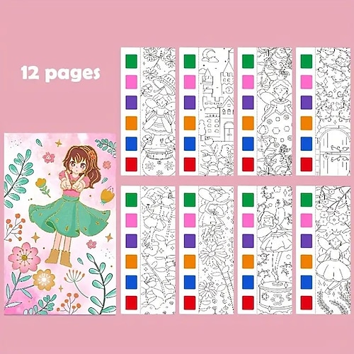 12-teiliges Aquarell-Malbuch für Kinder, Mal- und Zeichenbuch für Schüler, Zeichen- und Malpapier mit integriertem Aquarellstift, der die Konzentration der Kinder verbessert Image