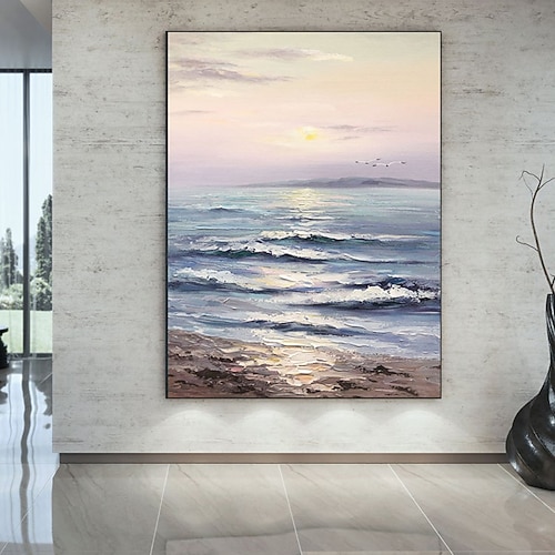 Ölgemälde, handgefertigt, handbemalt, Wandkunst, abstraktes Messergemälde, Landschaft, Strand, Heimdekoration, Dekor, gerollte Leinwand, kein Rahmen, ungedehnt Image