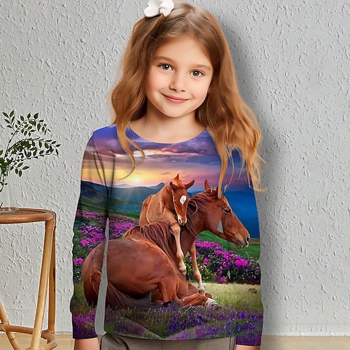 Mädchen 3D Pferd T-Shirt Hemden Langarm 3D-Druck Frühling Herbst Aktiv Modisch Kuschelig kinderkleidung 3-12 Jahre Rundhalsausschnitt Outdoor Casual Täglich Regular Fit Image