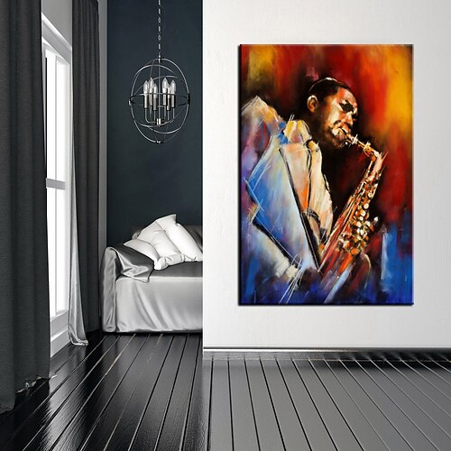 Handgefertigtes Jazz-Figurengemälde, modernes, feines Kunstwerk, die neueste Hoteldekoration, handgemaltes Musiker-Jazzspieler-Ölgemälde, Wandkunst, Studio-Dekor, Geschenk für Dekor, gerollte Leinwand Image