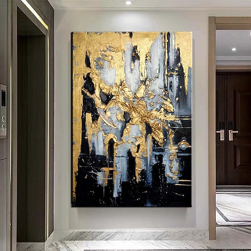 Großes handgemaltes goldenes Ölgemälde, Folienölgemälde, handgefertigt, Original-Ölgemälde, abstrakt, modern, auf Leinwand, goldenes Blatt, Wand, handgefertigtes Kunstdekor, gerollte Leinwand, kein Image