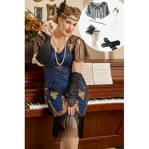 Goldene Zwanziger 1920er Knielang Kleid Flapper Kleid Outfits Übergröße Kurze Ärmel Der große Gatsby Hochzeitsgast Pailletten Quastenfransen V Ausschnitt Kostüm Damen Weihnachten Karneval Maskerade Image