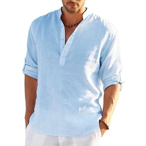 Herren Wanderhemd Henley-Shirt T-Shirt Oberteil Außen Schnelltrocknend Leicht Schweißableitend Atmungsaktiv Sommer Frühling Baumwolle und Leinen Hellblau Marineblau Denim Blue Angeln Klettern Strand Image