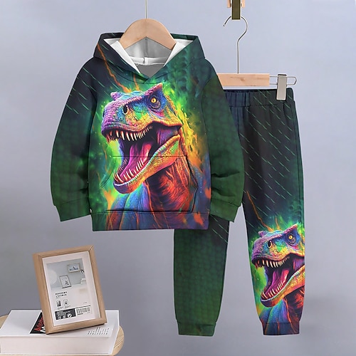 Jungen 3D Dinosaurier Drache Set aus Kapuzenpullover und Jogginghose Set Langarm 3d Drucken Herbst Winter Aktiv Modisch Cool kinderkleidung 3-12 Jahre Outdoor Urlaub Strasse Regular Fit Image