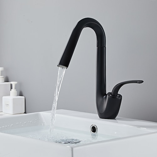 Waschbecken Wasserhahn, Wasserfall aus Messing mit hohem Bogen, gebürstete und lackierte Oberflächen, Einhand-Einloch-Badearmaturen Image