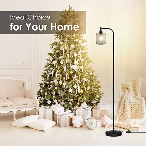 industrielle stehlampe für wohnzimmer, stehlampe mit hängendem gitterschirm aus eisen, 8w led-lampe, hohe stehlampe mit fußschalter für schlafzimmer, schwarz Image