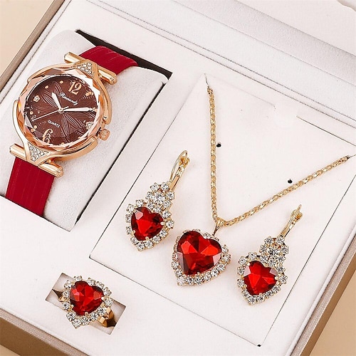 5 teile/satz frauen uhren lederband damen uhr einfache lässige damen mode armbanduhr und schmuck geschenk Image