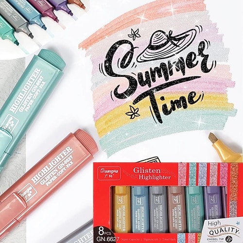 8-Farben-Metallic-Textmarker-Set mit schräger Spitze, glänzender Glitzer-Farbmarker auf Wasserbasis, Highlight-Stift, Schulbürobedarf Image