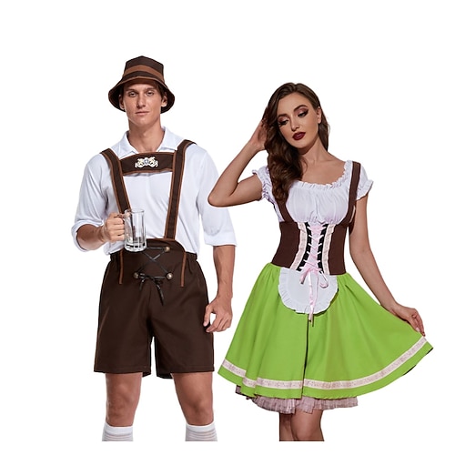 Paare Halloween Oktoberfest Bier Kostüm Dirndl Kleid Lederhosen Bayerisches Paar Oktoberfest Paar Deutsch München traditioneller Stil Wiesn Herren Damen traditioneller Stil Stoff Halloween Karneval Image