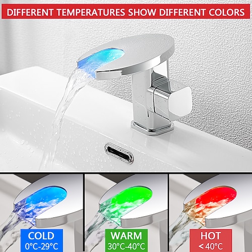 Waschbeckenhahn, LED-Wasserfall, temperaturgesteuerte 3-Farben-galvanisierte Centerset-Einhand-Einloch-Badarmaturen Image