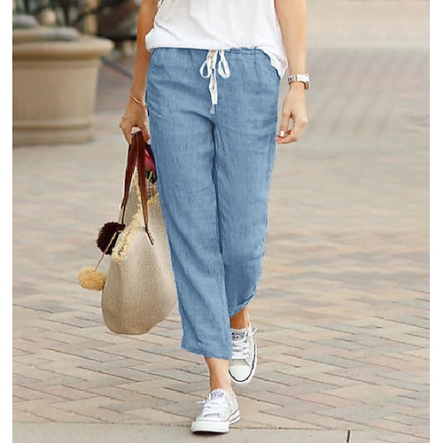 Damen Leinenhose Baumwollleinen lässige lockere Hose elastische Taille Sommerstrand bequem schnell trocknend leicht atmungsaktiv Image