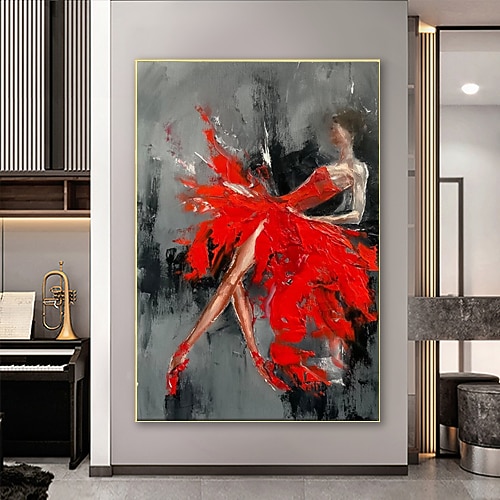 handgemachtes handgemaltes Ballerina-Ölgemälde, Original-Auftragsgemälde, Ballett, vertikale Wandkunst, feines Bild, rote Wandkunst, Raumdekoration Image