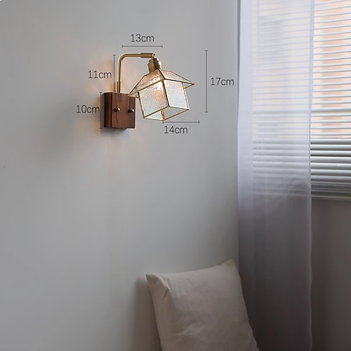 Moderne Wandleuchte mit Zugschalter für den Innenbereich, Nachttisch-Wandleuchte mit E27-Sockel, quadratischer Glasschirm, Wandleuchte, Schlafzimmer, Wohnzimmer, Metallleuchte, verstellbarer Image